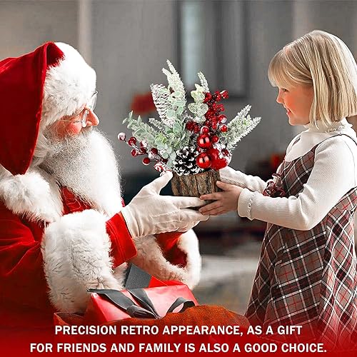 KPX Small Christmas Tree Tabletop Artificial Mini Christmas Tree Decorations with Holiday Ornaments Red Berry Pine Cone Greenery for Home Indoor Fireplace Mantel Xmas Decor (Tree Stump-Red) - Image 4