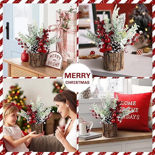 KPX Small Christmas Tree Tabletop Artificial Mini Christmas Tree Decorations with Holiday Ornaments Red Berry Pine Cone Greenery for Home Indoor Fireplace Mantel Xmas Decor (Tree Stump-Red) - Image 5