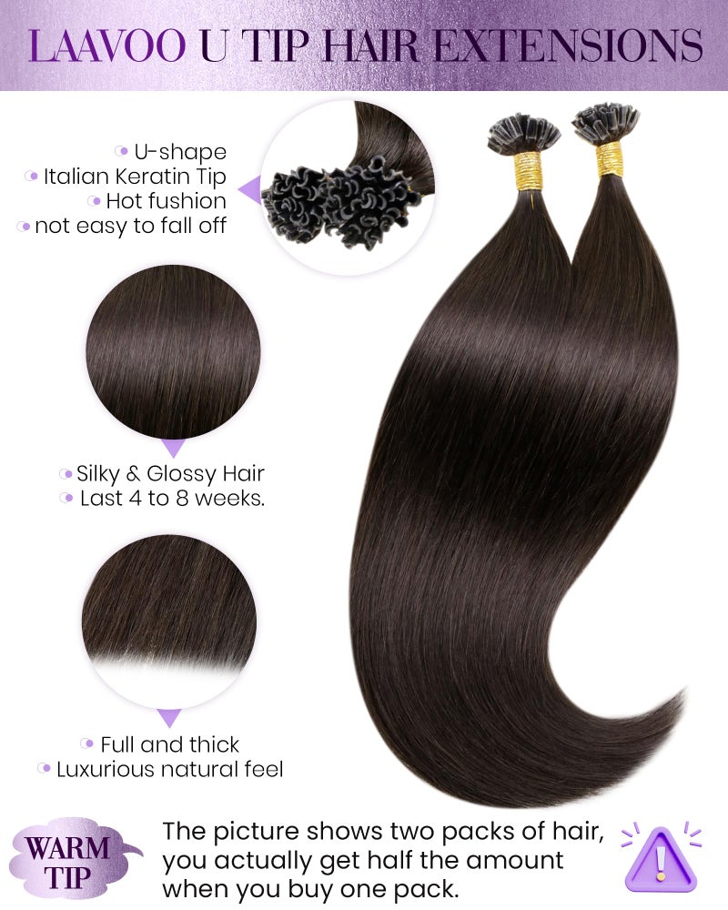 LaaVoo U Tip Hair Extensions Human Hair Brown 18 Inch K Tip Hair Extensions Real Human Hair Darkest Brown Utip Hair Extensions 50g 50s - Image 2