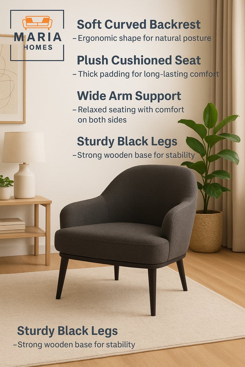 ماريا هومز كرسي بذراعين رمادي غامق - أريكة عصرية بمقعد واحد مع تنجيد من القماش وأرجل سوداء - Image 5