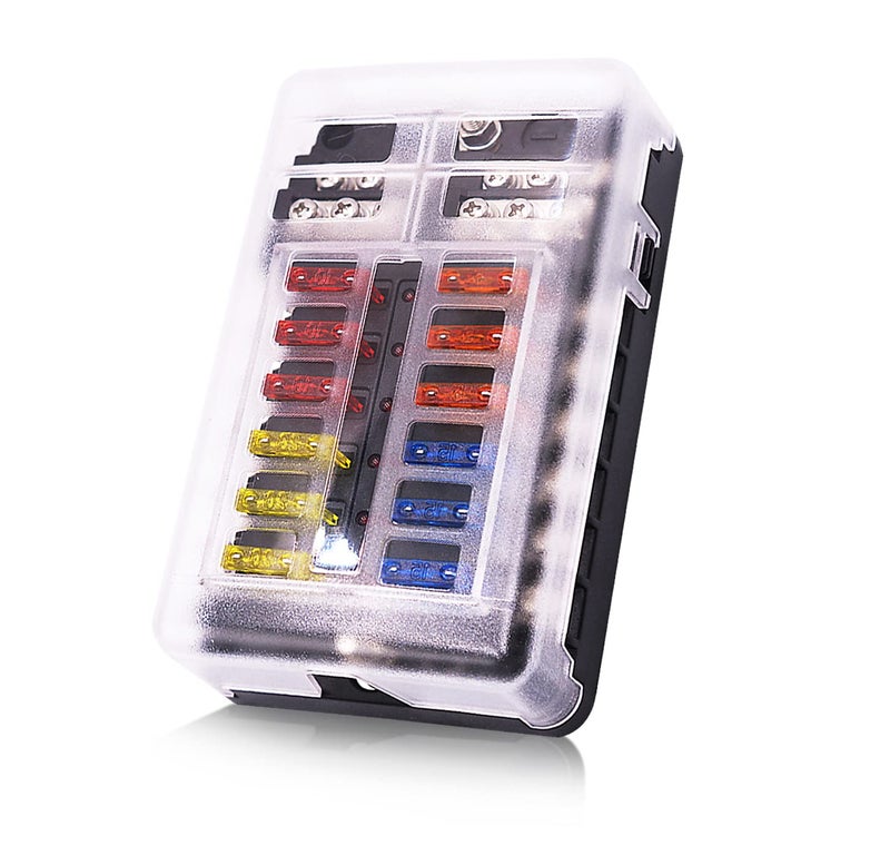 tatida 12 Way 12V Blade Fuse Block,12 Circuit ATC/ATO Fuse Box Holder with LED Indicator Waterpoof Cover for 12V/24V Automotive Truck Boat Marine RV Van Vehicle - Image 1