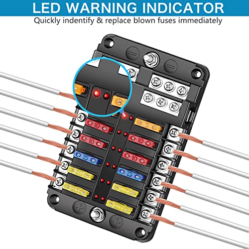 tatida 12 Way 12V Blade Fuse Block,12 Circuit ATC/ATO Fuse Box Holder with LED Indicator Waterpoof Cover for 12V/24V Automotive Truck Boat Marine RV Van Vehicle - Image 4