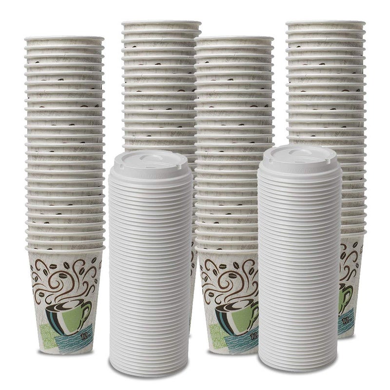 Paper Plates/Bowls Dixie PerfecTouch WiseSize Coffee Design Insulated Paper Cup 12oz Cups and Lids Bundle 12 oz 100 Cups 100 Lids