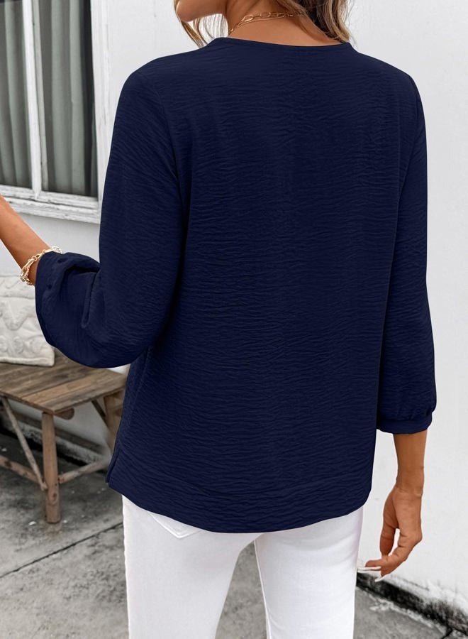 Shein Women Smocked Neck Tops 3/4 Sleeve Loose Fit Shirts Business Dressy Cuasal 2026, Navy Blue, L - Image 3