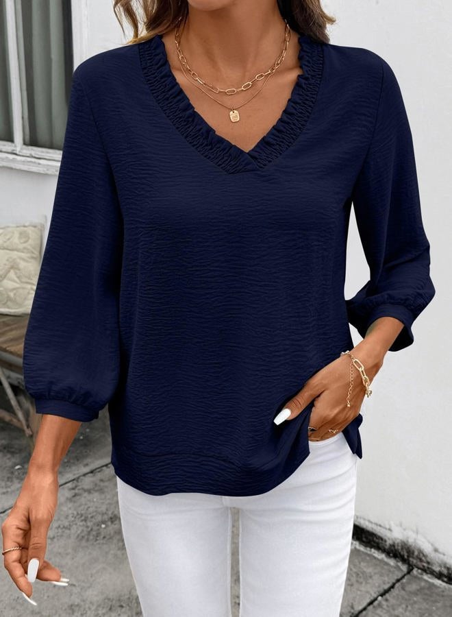 Shein Women Smocked Neck Tops 3/4 Sleeve Loose Fit Shirts Business Dressy Cuasal 2026, Navy Blue, L - Image 2
