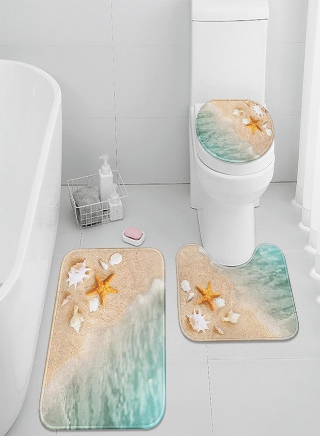 Britimes Beach Seashell Ocean Bathroom Rug Set of 3, 3 Pieces Bath Mats Set, Non-Slip Washable Cover Floor Rug Decorations for Kitchen Bathroom Bedroom - Image 1