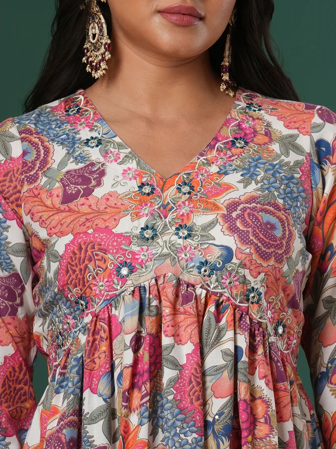 Globus Pink Pink Embroidered Detail Floral Aliya Cut Kurta and Pants Fusion Set for Women | Best Price UAE