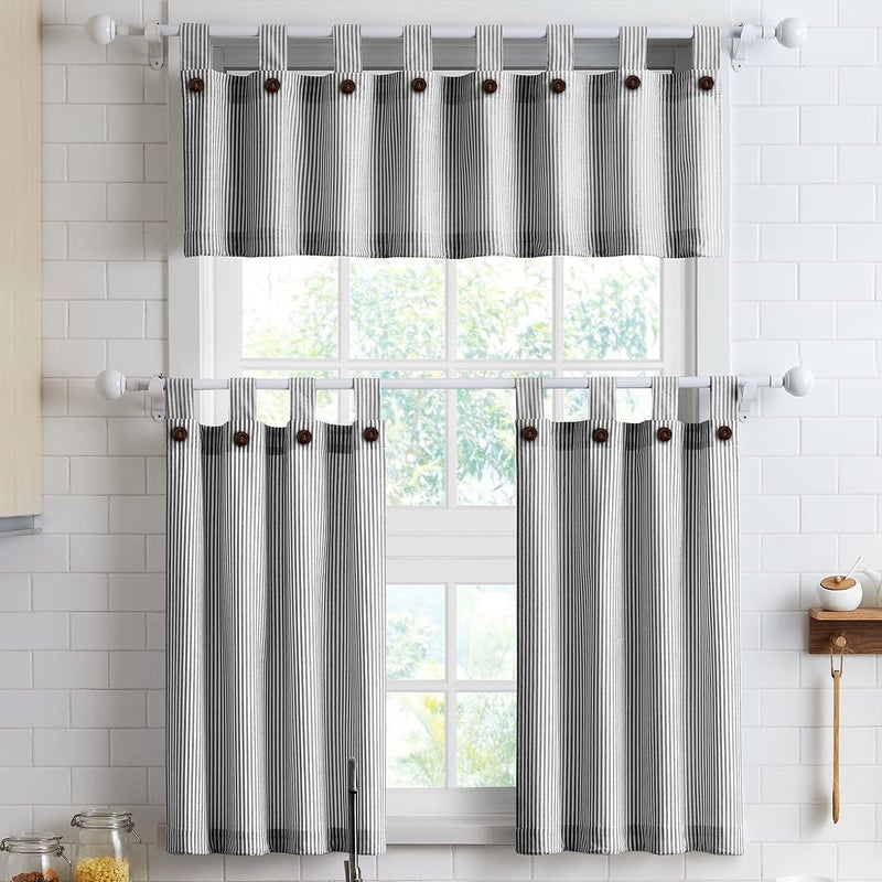 July Joy July Joy 3 Piece Cotton Kitchen Curtains and Valances Set for Small Windows Short Curtains 36 Inches Length for Cafe Bathroom Tab Top 56 x 36 Black 