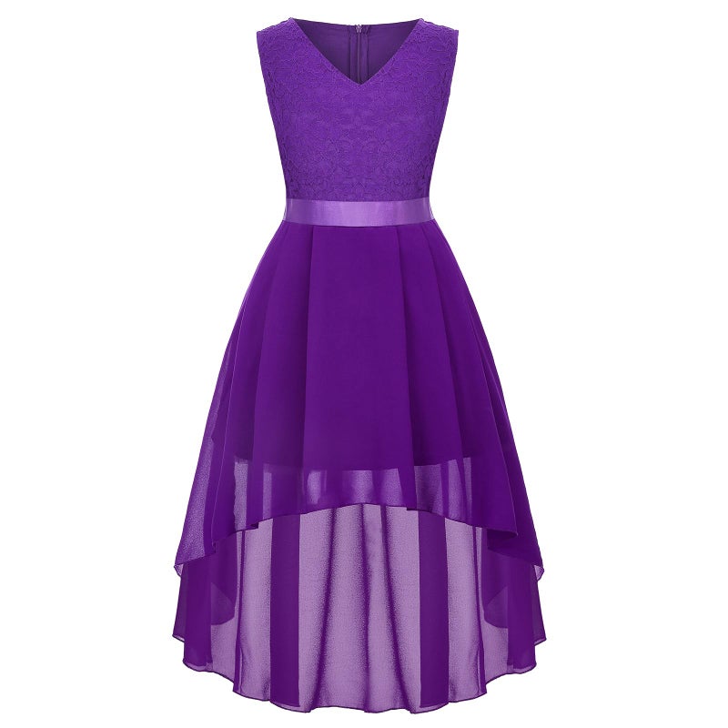 Viriber Girls Floral Lace Purple Dress Christmas Bridesmaid Vintage Formal Cocktail Party Swallowtail Swing Dresses 7-14 Years - Image 1