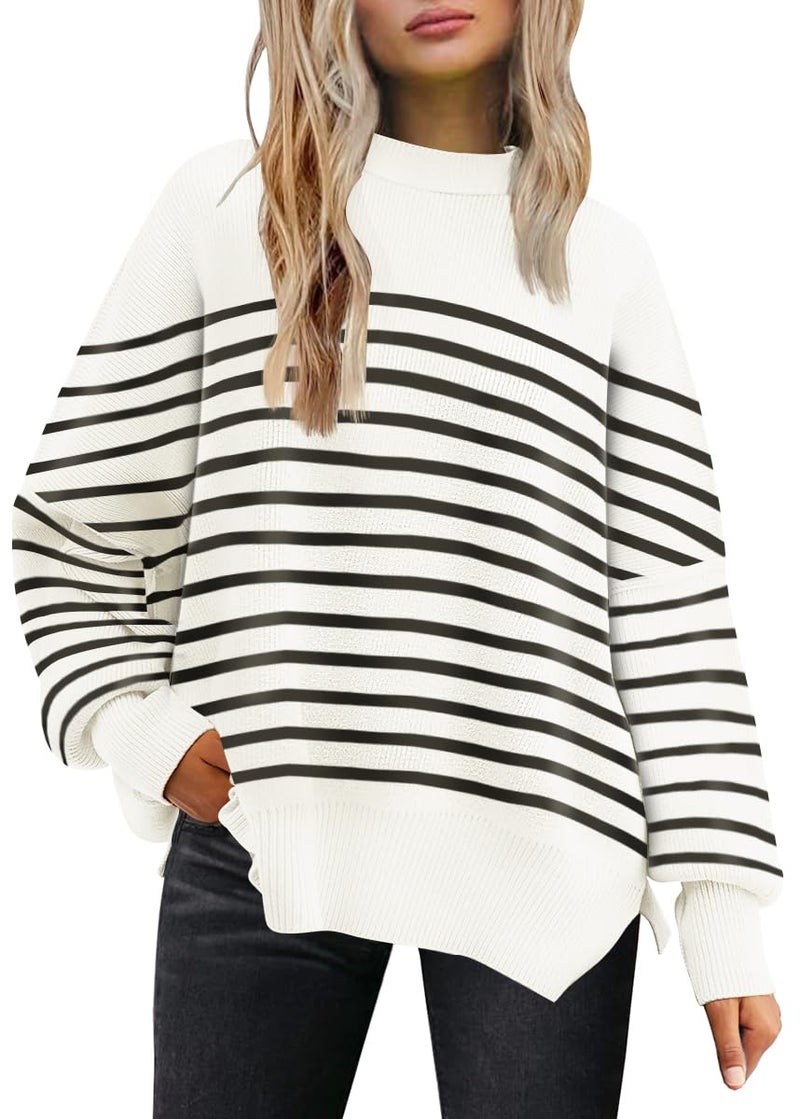 LILLUSORY Oversized Sweaters for Women 2025 Fall Fashion Outfits Trendy Crewneck Knit Cute Lightweight Sweater Pullover Tops Long Sleeve Shirts Winter Clothes StripeWhite XXL - Image 1