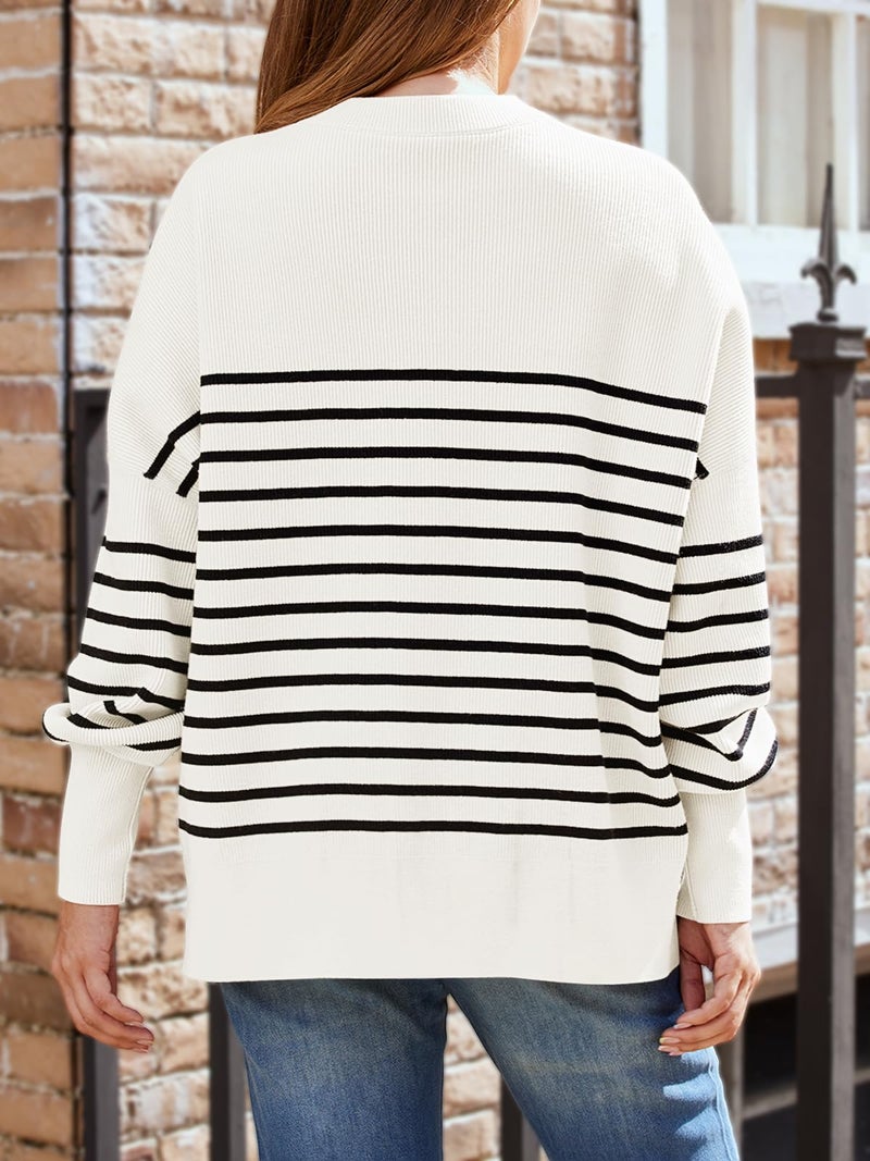 LILLUSORY Oversized Sweaters for Women 2025 Fall Fashion Outfits Trendy Crewneck Knit Cute Lightweight Sweater Pullover Tops Long Sleeve Shirts Winter Clothes StripeWhite XXL - Image 4