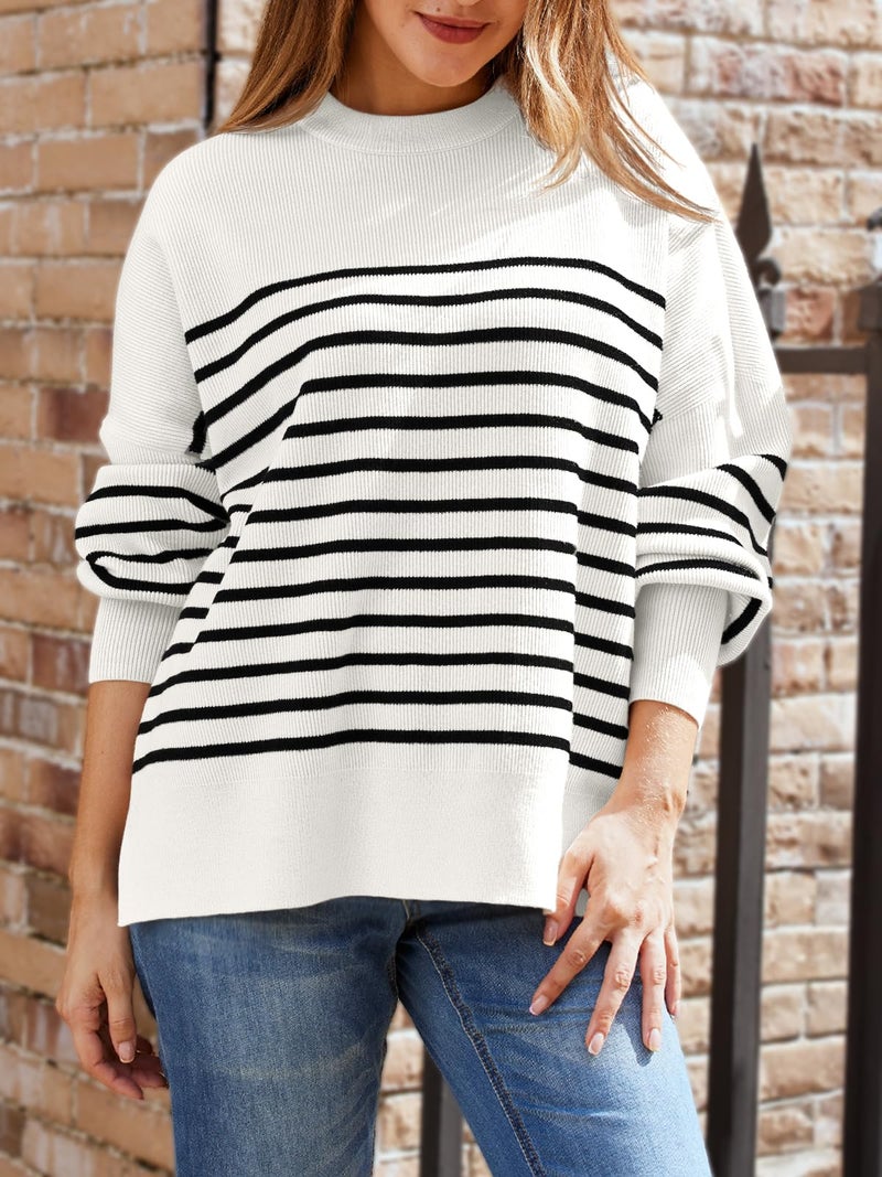 LILLUSORY Oversized Sweaters for Women 2025 Fall Fashion Outfits Trendy Crewneck Knit Cute Lightweight Sweater Pullover Tops Long Sleeve Shirts Winter Clothes StripeWhite XXL - Image 2