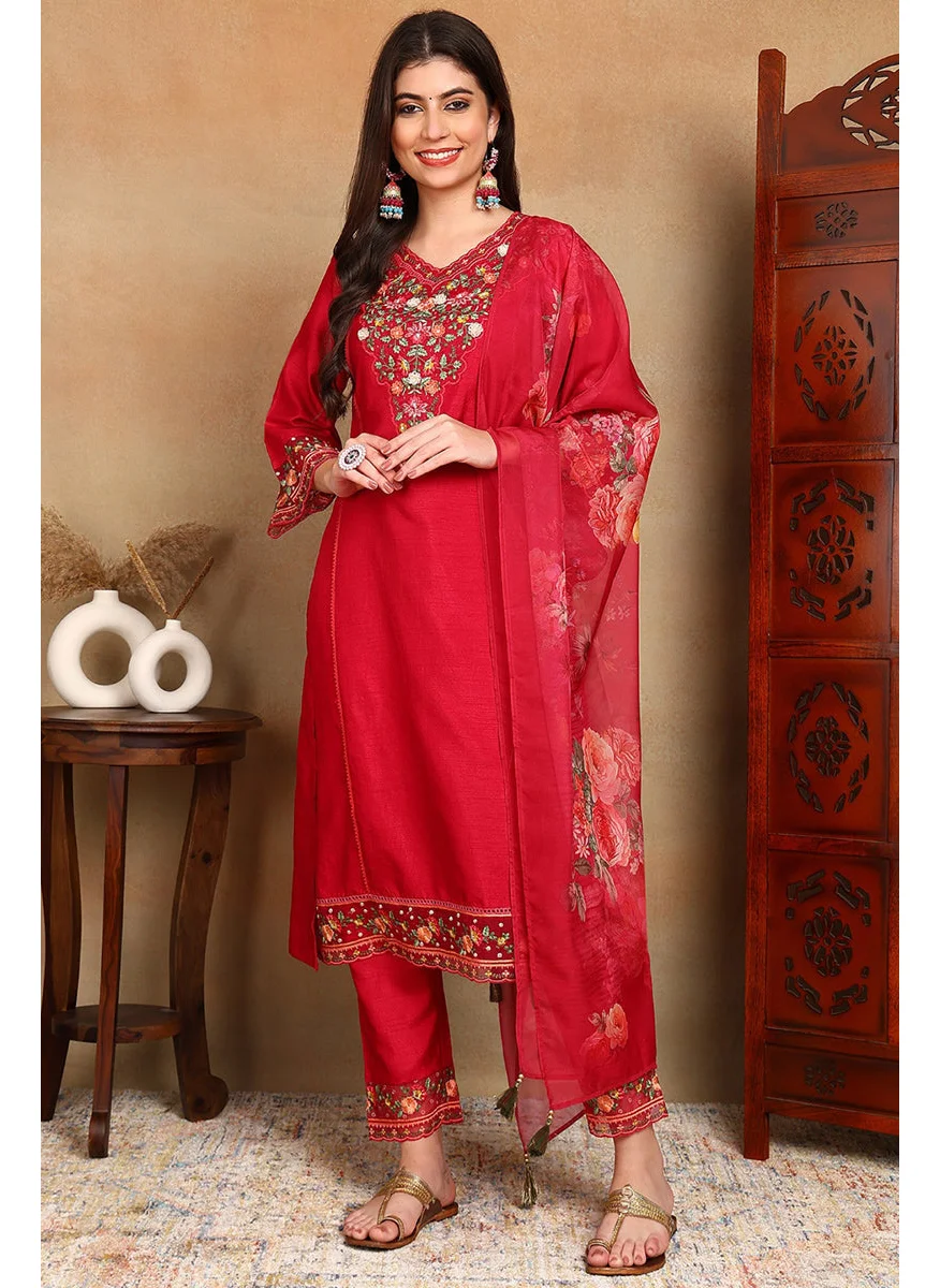 ZERESOUQ Rani Pink Silk Blend Solid Embroidered Straight Suit Set