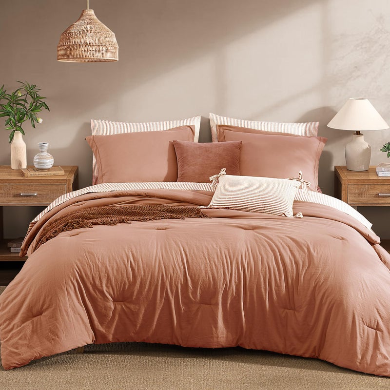 Monbix Queen Comforter Set - 7 Pieces Autumn Leaf Prewashed Bed in a Bag Queen Bedding Sets with Comforters, All Seasons Ultra Soft Comforter Bed Set with Sheets,Pillowcases & Shams - Image 1