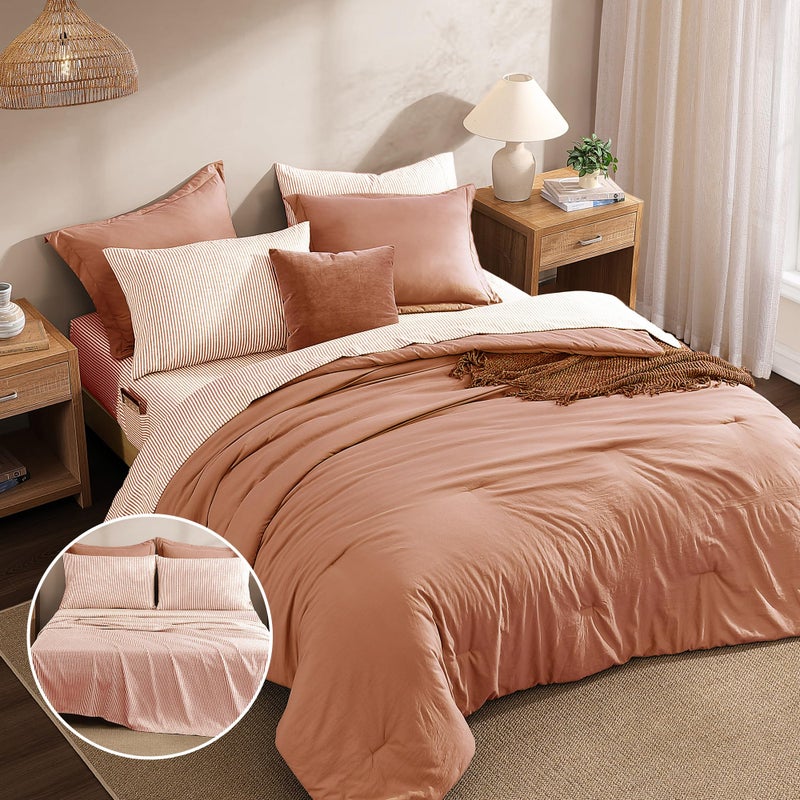 Monbix Queen Comforter Set - 7 Pieces Autumn Leaf Prewashed Bed in a Bag Queen Bedding Sets with Comforters, All Seasons Ultra Soft Comforter Bed Set with Sheets,Pillowcases & Shams - Image 3