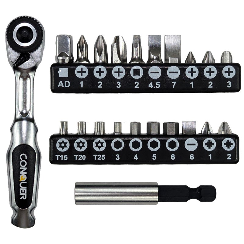 CONQUER 22pc 1/4 Ultra Low Profile Mini Ratchet Close Quarter Mini Screwdriver Set with High Torque - Right Angle EDC Tool with 72-Tooth Gear head and Spin Disk for Tight Spaces - Image 1