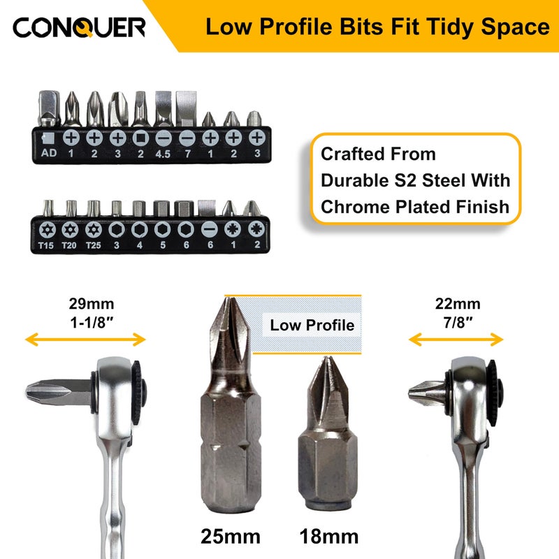 CONQUER 22pc 1/4 Ultra Low Profile Mini Ratchet Close Quarter Mini Screwdriver Set with High Torque - Right Angle EDC Tool with 72-Tooth Gear head and Spin Disk for Tight Spaces - Image 5