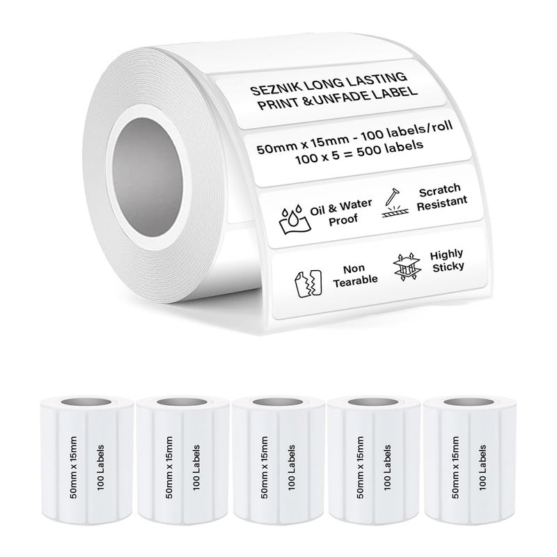 SEZNIK Waterproof, Non-Tearable, Sticky Thermal Lables, Label Roll, 2 inch Adhesive Thermal Labels for Label Printers (50mmx15mm - 500 Lables), 500 Labels - Image 1