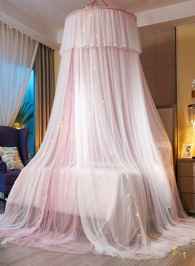 VETHIN Bed Canopy Princess for Girls,Bed Canopy Curtain Double Layer Sheer Mesh Dome Bed Curtain- Round Lace Princess Mosquito Net Tent for Twin Full Queen King Bed(Pink/White) - Image 1
