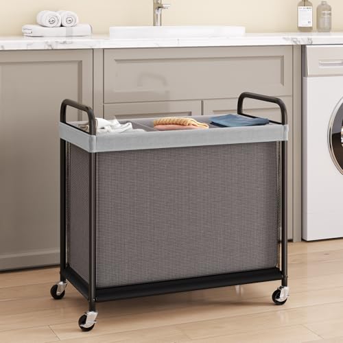 ELYKEN Laundry Hamper 3 Section, 120L Rolling Laundry Sorter with Removable Liner Bag, Laundry Basket with Wheels, Steel Frame with Metal Handle, Clothes Hamper Cart for Laundry Room & Bedroom - Image 2