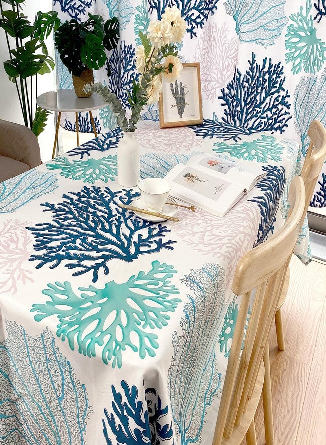 weesire Outdoor Coastal Nautical Rectangle Tablecloth Coral Print Table Cloth Ocean Themed Beach Decorative Waterproof Wipeable Table Covers for Dining Room Kitchen Living Room, 60x84 Inches, Navy/Blue/Teal/ - Image 3