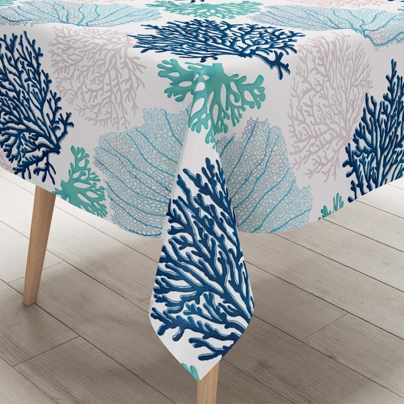 weesire Outdoor Coastal Nautical Rectangle Tablecloth Coral Print Table Cloth Ocean Themed Beach Decorative Waterproof Wipeable Table Covers for Dining Room Kitchen Living Room, 60x84 Inches, Navy/Blue/Teal/ - Image 1
