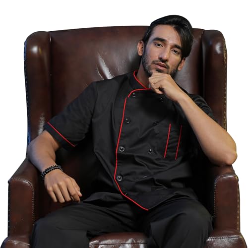 TopTie Unisex Short Sleeve Chef Coat Jacket, Black with Red - Image 5
