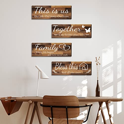 Joyhawk 4 Pieces Home Wall Signs, THIS IS US/TOGETHER/BLESS THIS HOME/FAMILY Wall Decor For Living Room Bedroom, Rustic Wooden Farmhouse Wall Art , 4.7 x 13.8 Inch(Brown) - Image 3