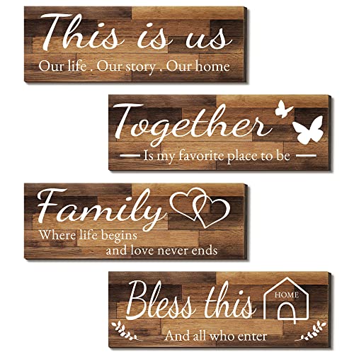 Joyhawk 4 Pieces Home Wall Signs, THIS IS US/TOGETHER/BLESS THIS HOME/FAMILY Wall Decor For Living Room Bedroom, Rustic Wooden Farmhouse Wall Art , 4.7 x 13.8 Inch(Brown) - Image 1