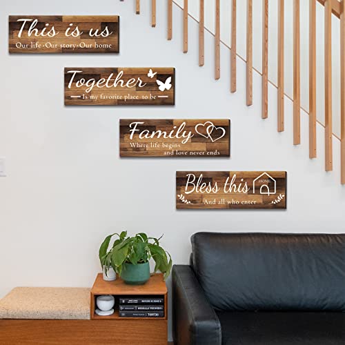 Joyhawk 4 Pieces Home Wall Signs, THIS IS US/TOGETHER/BLESS THIS HOME/FAMILY Wall Decor For Living Room Bedroom, Rustic Wooden Farmhouse Wall Art , 4.7 x 13.8 Inch(Brown) - Image 2