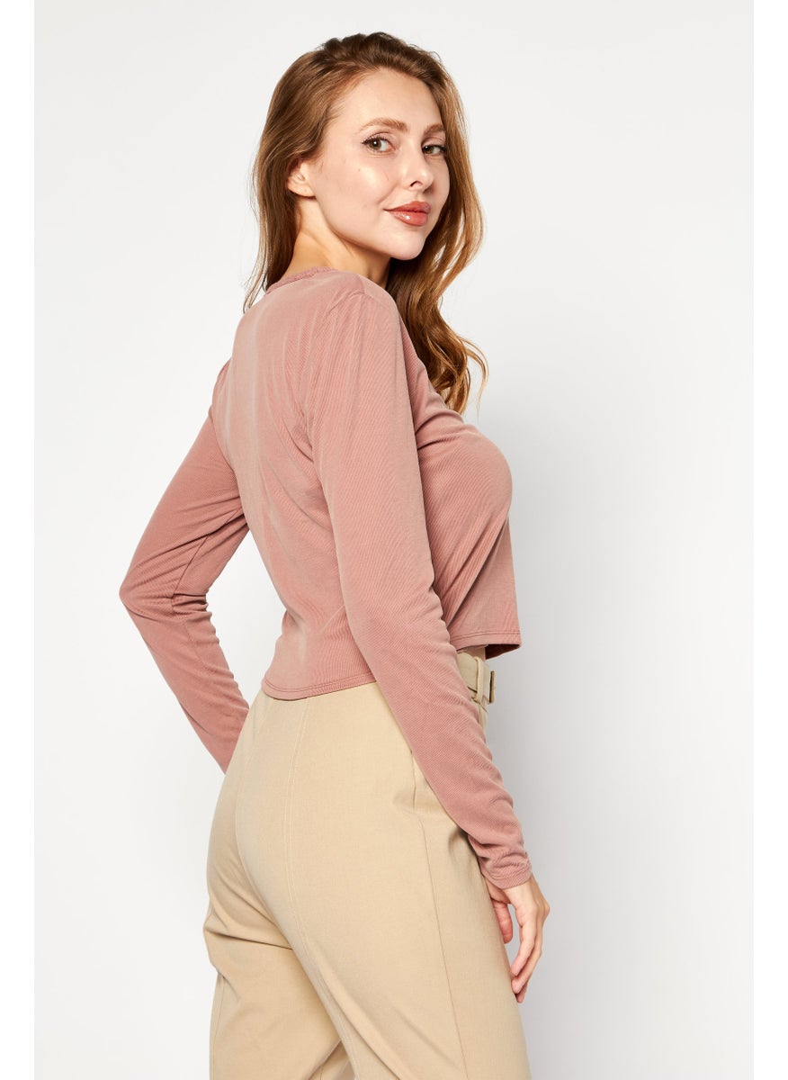 LUCKY BRAND - Women V Neck Long Sleeve Plain Top, Brown - Image 1