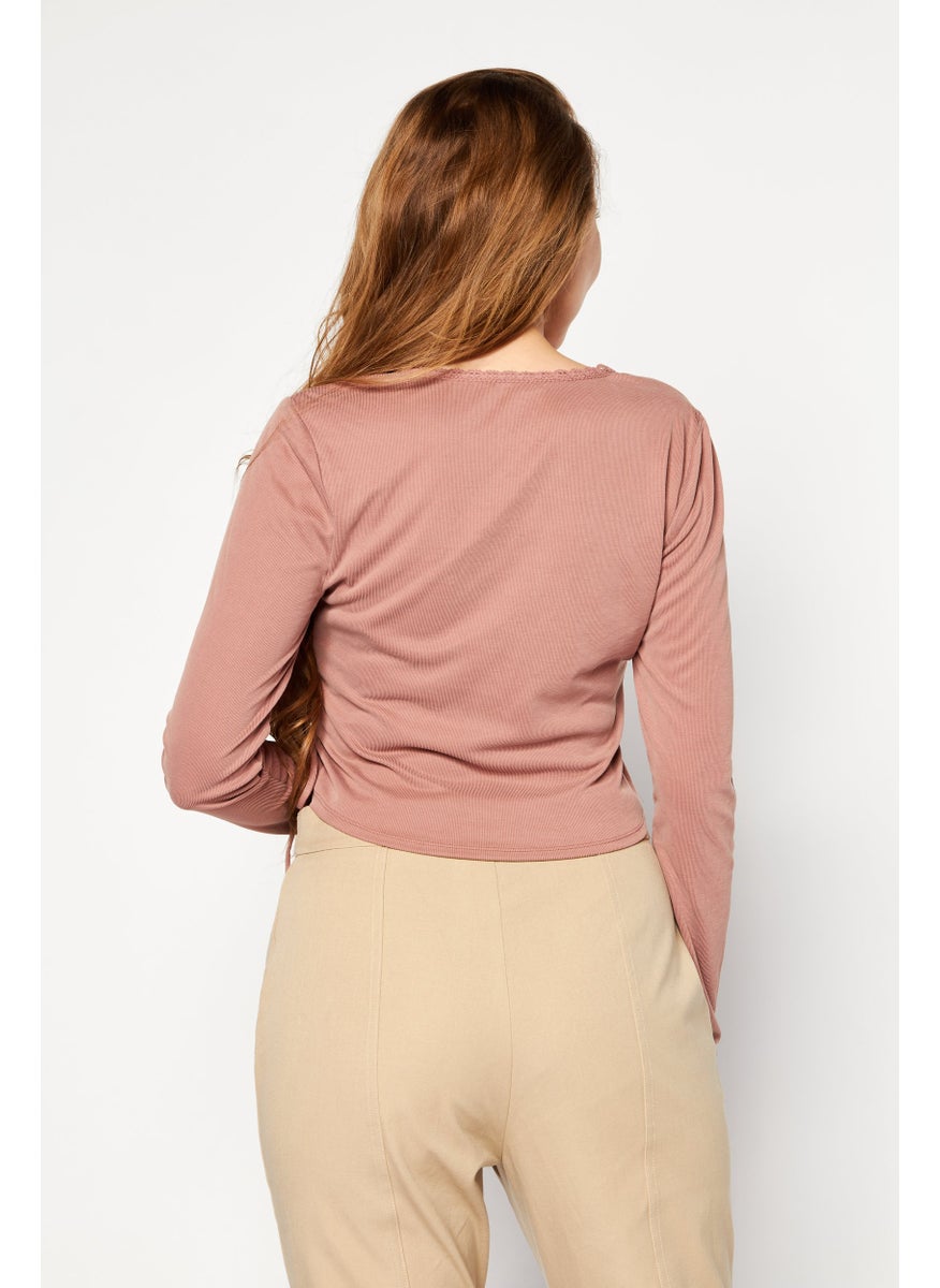 LUCKY BRAND - Women V Neck Long Sleeve Plain Top, Brown - Image 1