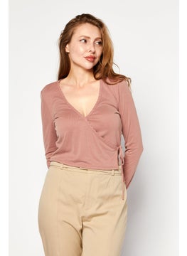 Women V Neck Long Sleeve Plain Top, Brown