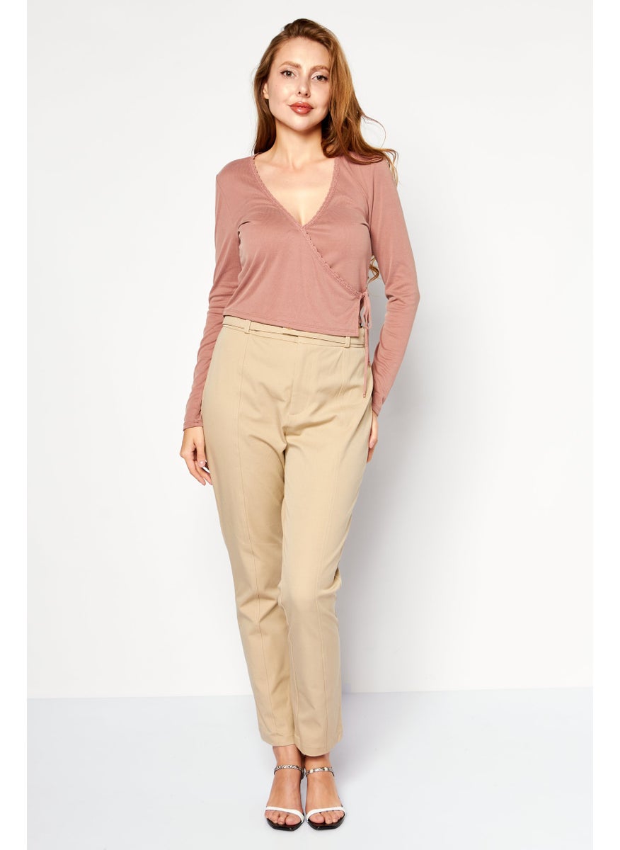 LUCKY BRAND - Women V Neck Long Sleeve Plain Top, Brown - Image 1
