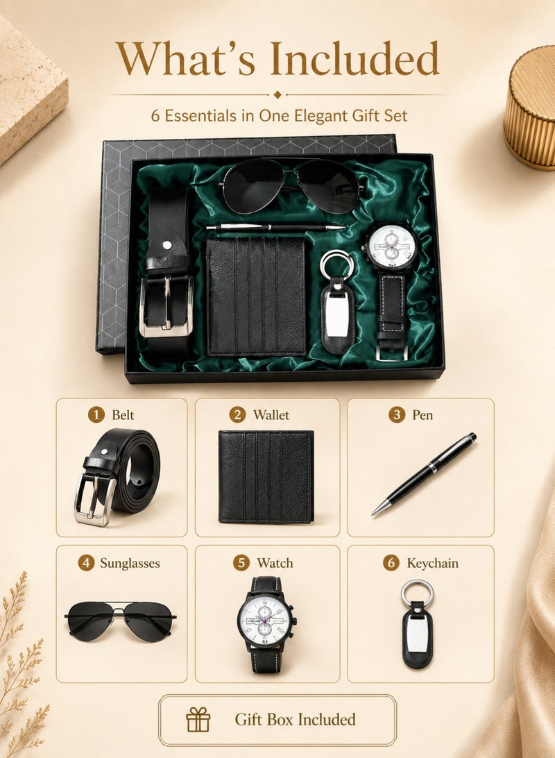 6-Piece Men's Gift Set with Watch, Wallet, Belt, Sunglasses, Pen & Keychain, Elegant Gift Box for Eid, Birthday, Father's Day & Anniversary - Image 2