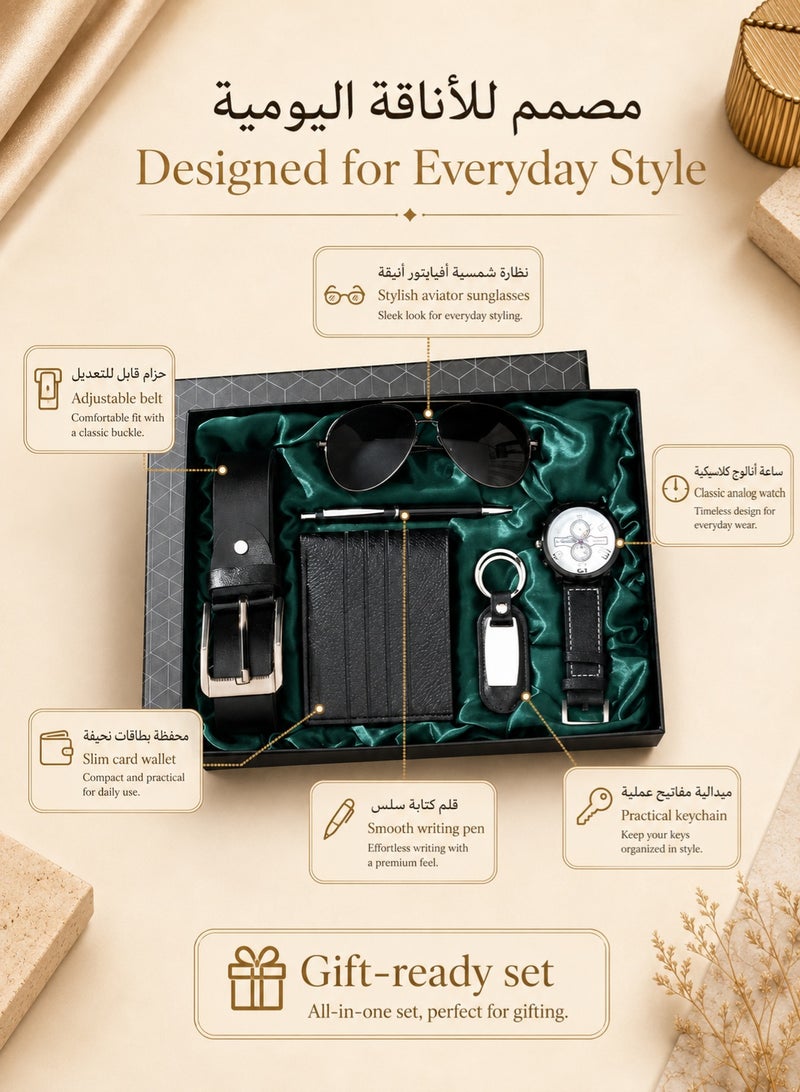 6-Piece Men's Gift Set with Watch, Wallet, Belt, Sunglasses, Pen & Keychain, Elegant Gift Box for Eid, Birthday, Father's Day & Anniversary - Image 5