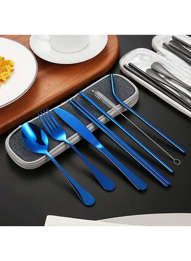 Light Blue 8 Piece Stainless Steel Travel Utensil Set Portable Cutlery for Camping - Image 1