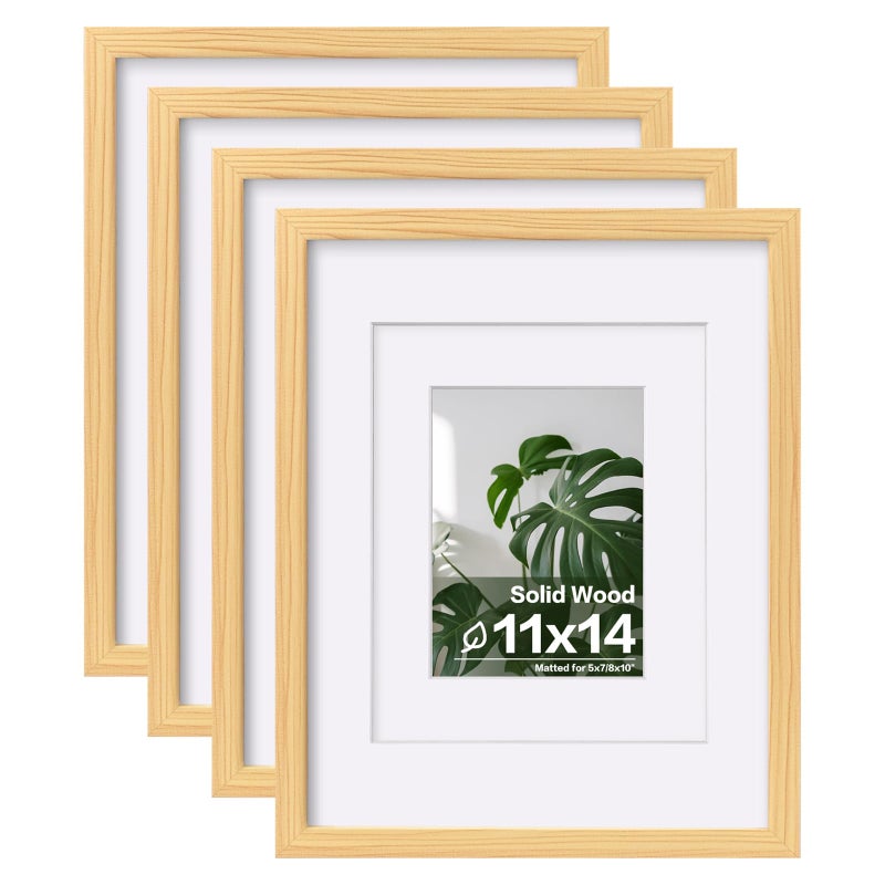 Egofine 11x14 Picture Frames Natural Wood Frames with Plexiglass Display Pictures 5x78x10 with Mat or 11x14 Without Mat Set of 4 for Tabletop and Wall Mounting