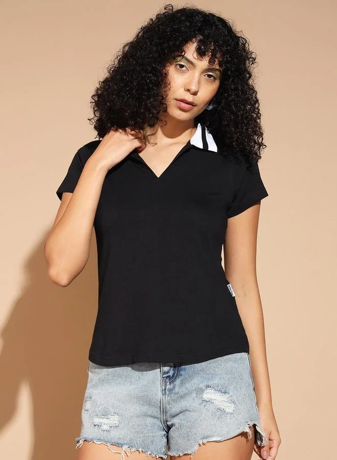 Styli Black Slim Fit Polo T-Shirt with Striped Collar By The Dry State