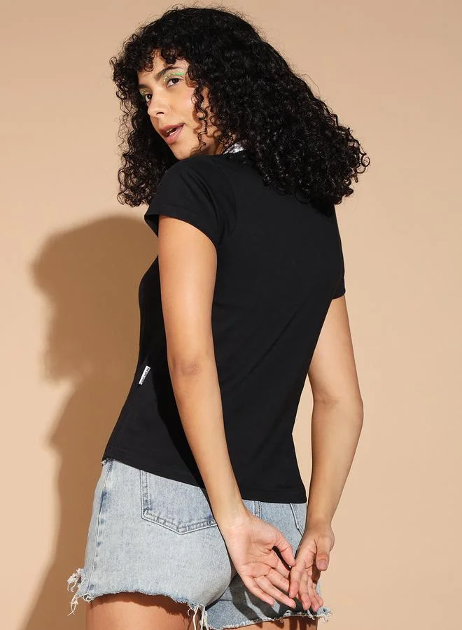 Styli Black Slim Fit Polo T-Shirt with Striped Collar By The Dry State