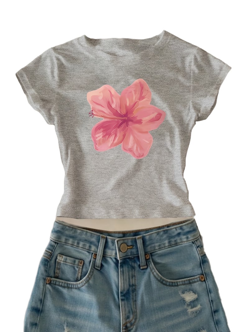 00008 - Women's Casual Top with Large Petal Print, Girly Heart, Ins - Style American Fashion, Versatile T - Shirt, New Summer Trendy Short Sleeve - CC73 - Grey / XS - Image 1