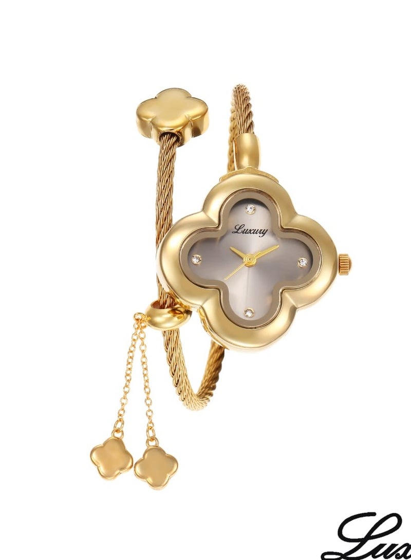 ساعة يد نسائية راقية - شكل فانكليف ضد الماء وبجوة عالية سوار ذهبي مع ميناء رمادي