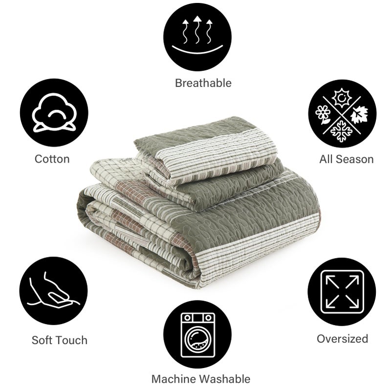 PANGUSHAN 100% Cotton Quilt Set Queen Size, Patchwork Queen Quilt Bedding Set Bedspreads, Farmhouse Lightweight Comforter Reversible Quilt, Queen Bed Spread for All Season, Green/Brown/Cream - Image 5