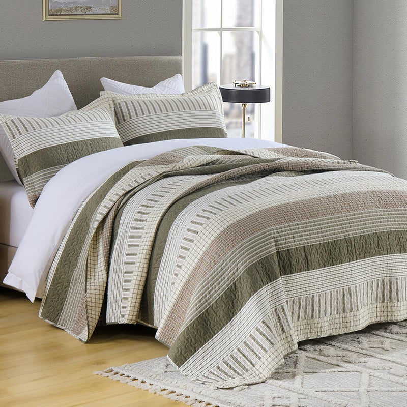 PANGUSHAN 100% Cotton Quilt Set Queen Size, Patchwork Queen Quilt Bedding Set Bedspreads, Farmhouse Lightweight Comforter Reversible Quilt, Queen Bed Spread for All Season, Green/Brown/Cream - Image 1