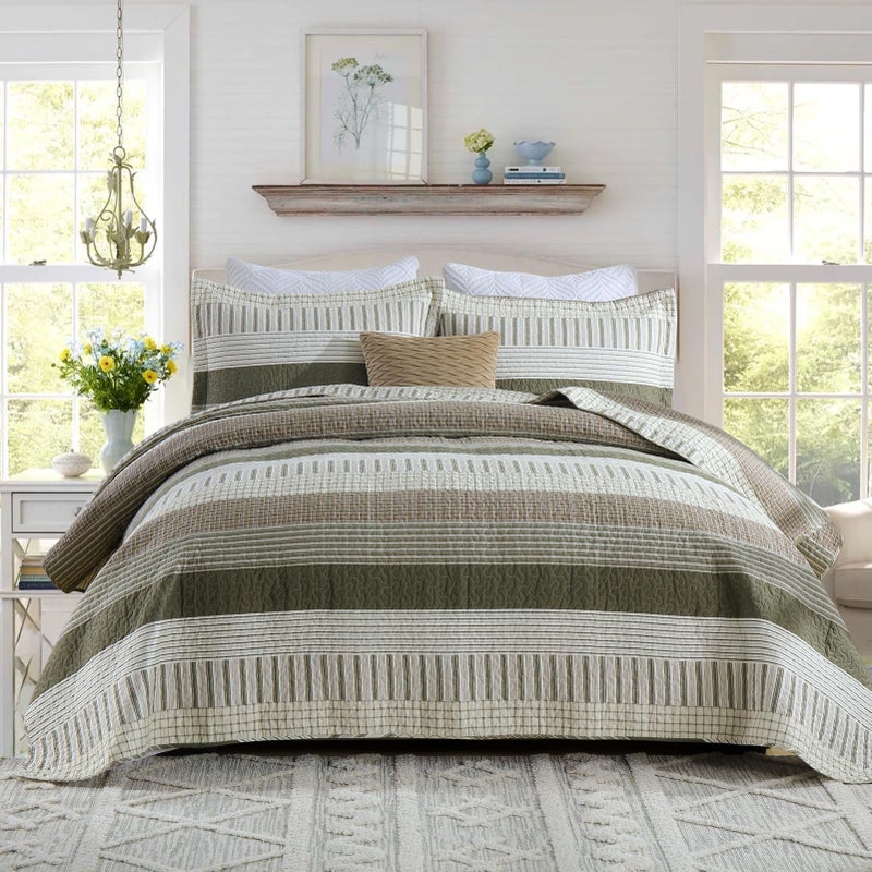 PANGUSHAN 100% Cotton Quilt Set Queen Size, Patchwork Queen Quilt Bedding Set Bedspreads, Farmhouse Lightweight Comforter Reversible Quilt, Queen Bed Spread for All Season, Green/Brown/Cream - Image 2