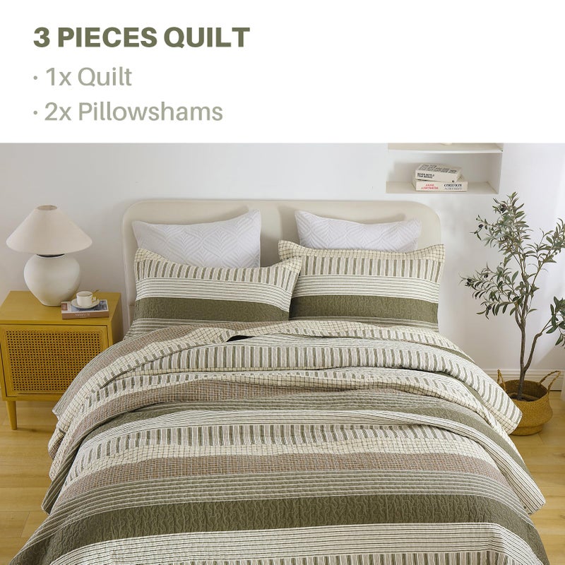 PANGUSHAN 100% Cotton Quilt Set Queen Size, Patchwork Queen Quilt Bedding Set Bedspreads, Farmhouse Lightweight Comforter Reversible Quilt, Queen Bed Spread for All Season, Green/Brown/Cream - Image 4