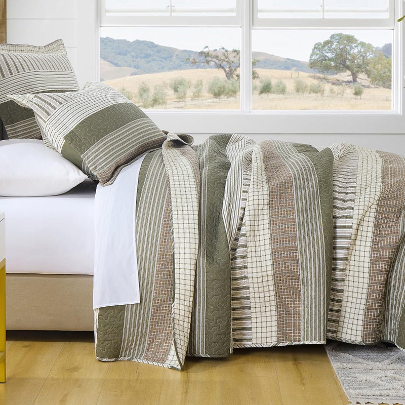 PANGUSHAN 100% Cotton Quilt Set Queen Size, Patchwork Queen Quilt Bedding Set Bedspreads, Farmhouse Lightweight Comforter Reversible Quilt, Queen Bed Spread for All Season, Green/Brown/Cream - Image 3