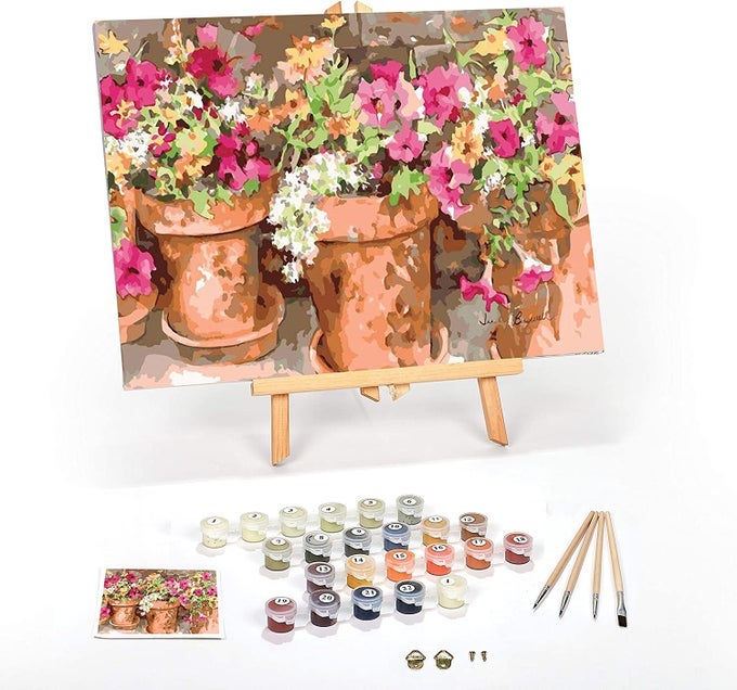 DIY PAINT BY NUMBERS KIT FOR ADULTS FRAMED CANVAS BEGINNER TO ADVANCED PAINT BY NUMBERS KIT KITS INCLUDE ACRYLIC PAINT SET BRUSHES TABLETOP EASEL SWEET PETUNIAS 16 X 20 FRAMED