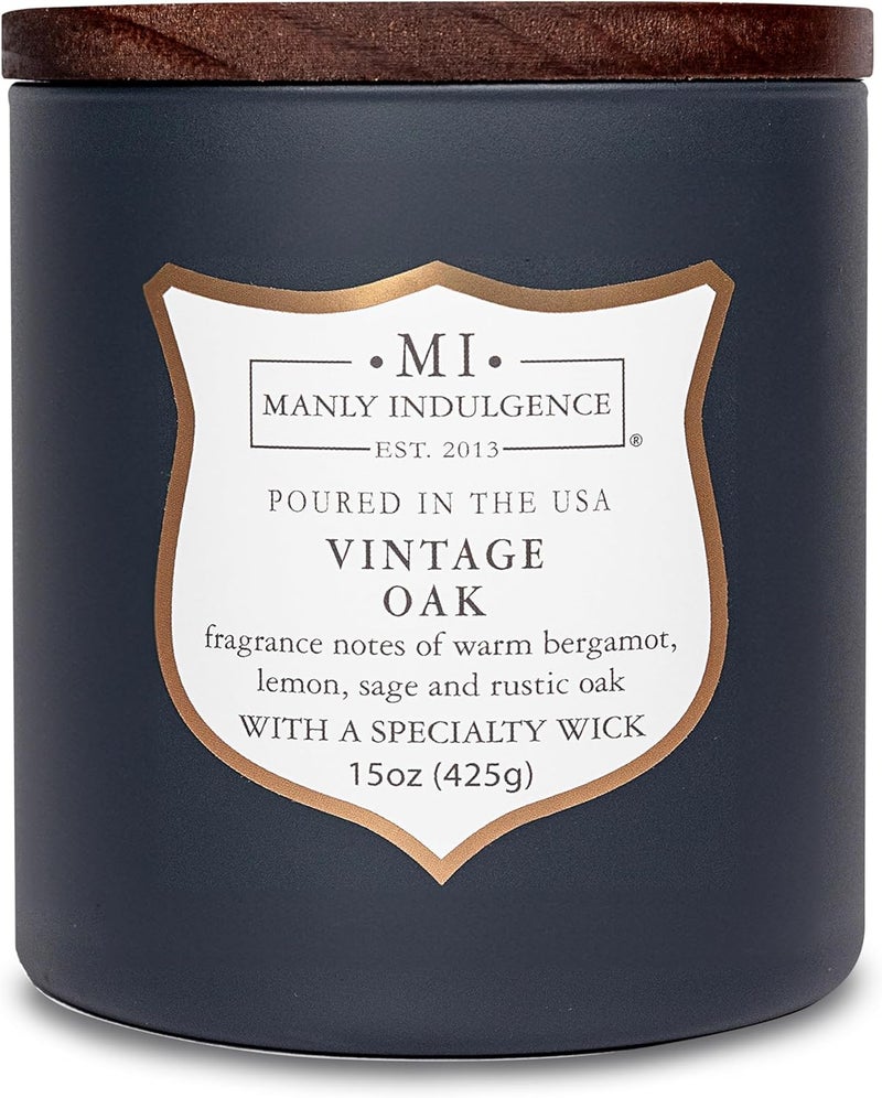 Manly Indulgence Vintage Oak Scented Jar Candle, Wood Wick, Premium Soy Blend White Wax, 60 hr Burn, Matte Dark Gray Jar Candle for Home and Men, 15 oz - USA Poured - Image 1