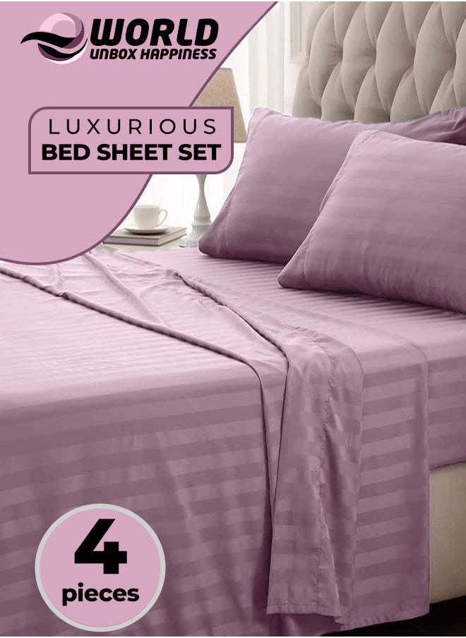 Eworld 4-Piece Luxury King Size Pink Striped Bedding Set Includes 1 Duvet Cover (220x240cm), 1 Fitted Bed Sheet (200x200+30cm), and 2 Pillow Cases (48x74+5cm) for Ultimate Hotel-Inspired Sophistication  - Image 1
